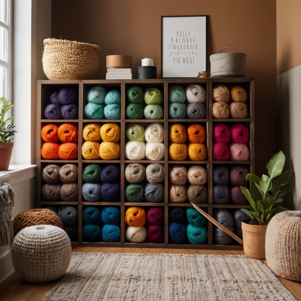 Stackable cubes neatly organize yarn by color and type, with soft lighting creating a cozy and functional storage solution.