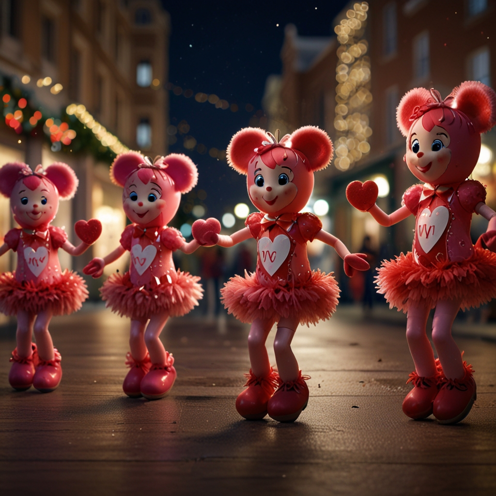 Joyful heart-shaped characters dance with glossy, candy-like textures under pink and red ambient lighting, surrounded by floating musical notes.
