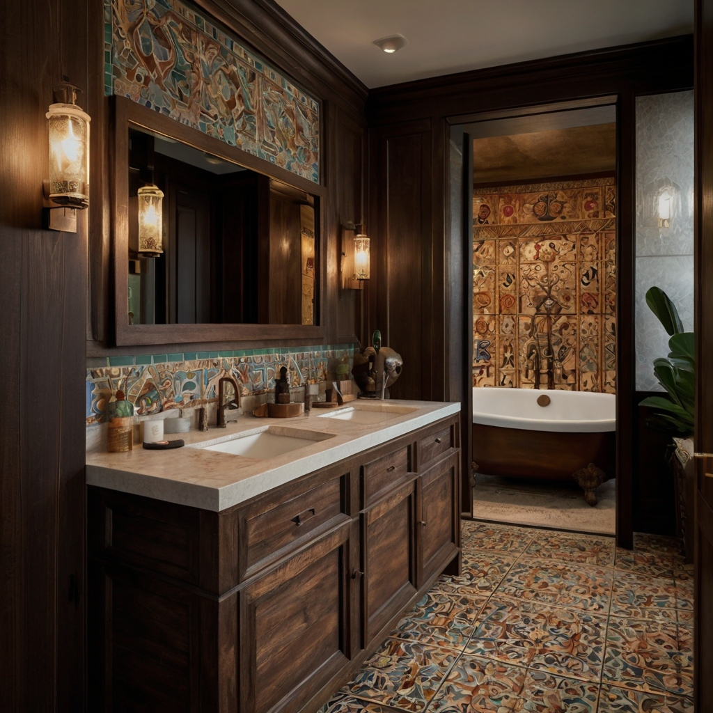 Deep mahogany cabinetry with ornate detailing adds richness to a Spanish bathroom. Warm lighting highlights its aged wood grain and rustic elegance.