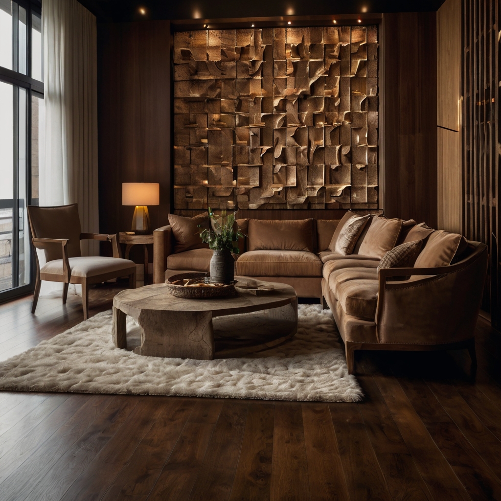 Dark oak flooring complements a plush brown couch. Warm lighting highlights the richness of the wood.