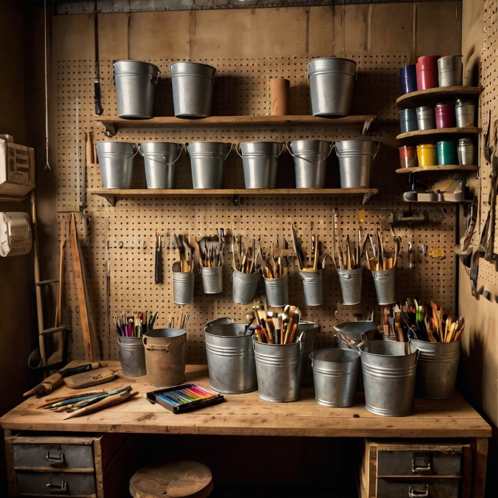 Painted tin buckets hang on walls and pegboards, filled with crafting tools. Soft lighting highlights the vintage charm and practical storage.