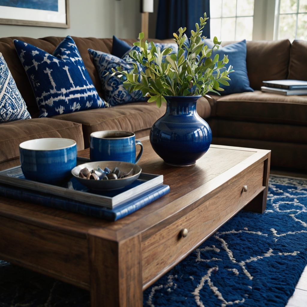 A navy-toned rug and cobalt blue vase contrast with a brown couch. Sunlight balances the earthy and cool tones.