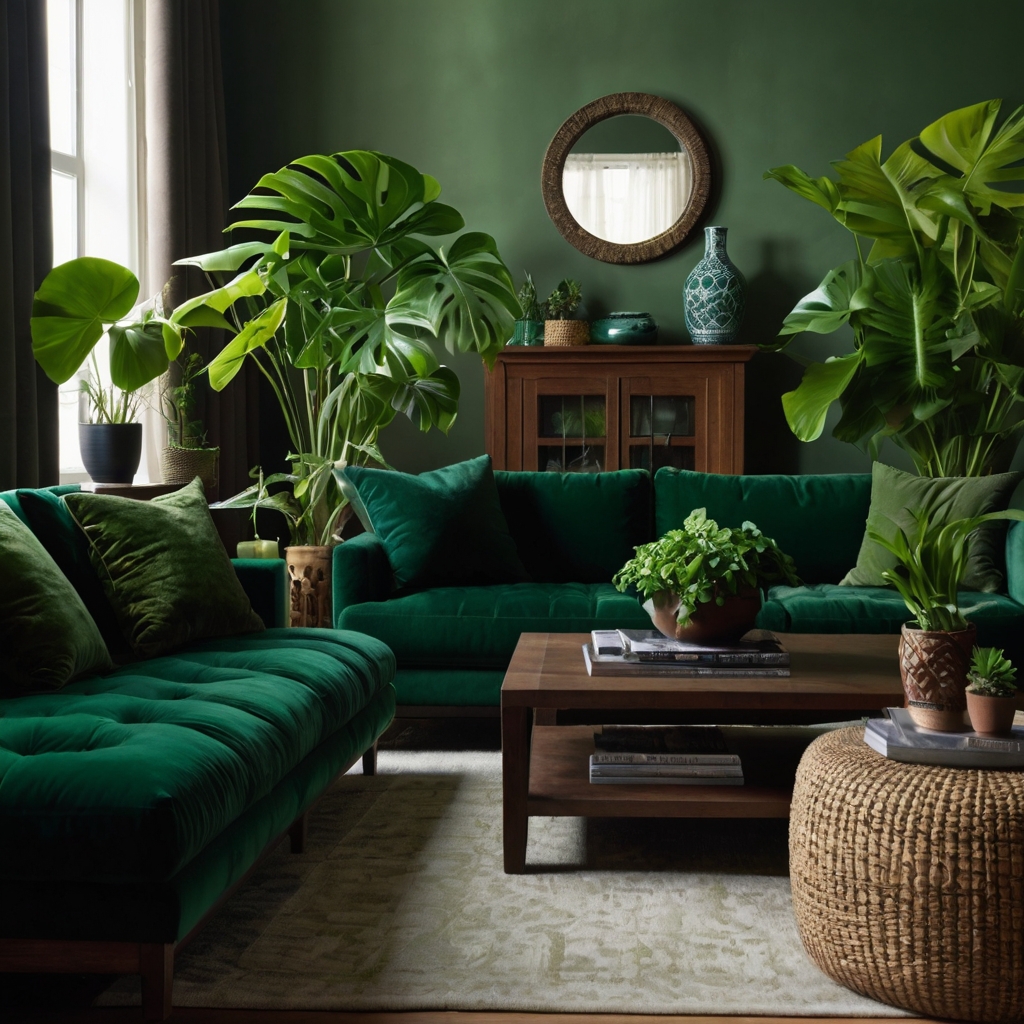 A brown velvet couch is styled with emerald pillows and plants. Natural light enhances the rich contrast.