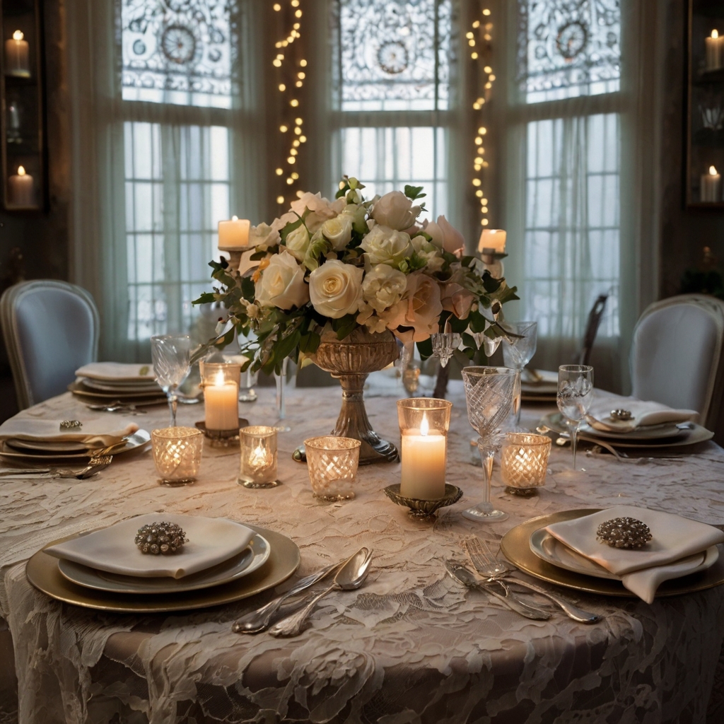 Vintage lace and pearl garlands create an elegant, timeless setup. Soft candlelight enhances the romantic and refined ambiance.