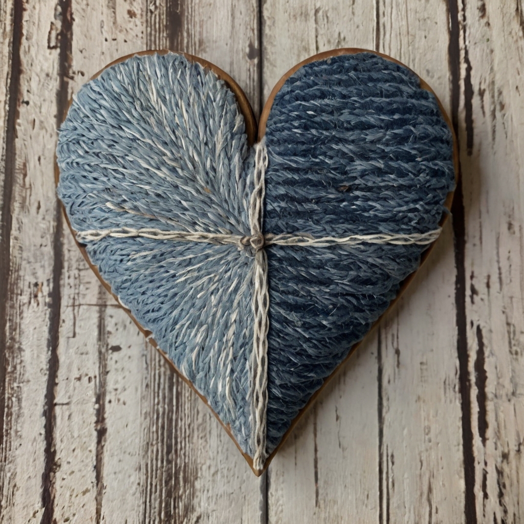 A wooden heart painted in layered blue hues to mimic denim fabric. A casual, rustic touch for farmhouse or industrial decor.