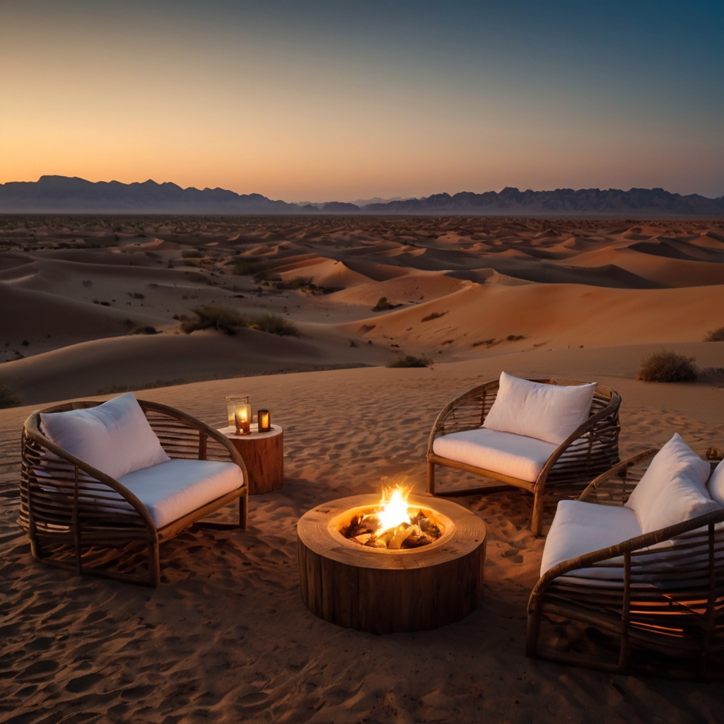 A lavish desert camp with white tents under a twilight sky, lanterns flickering. A cozy fire pit invites guests to relax amid golden dunes.