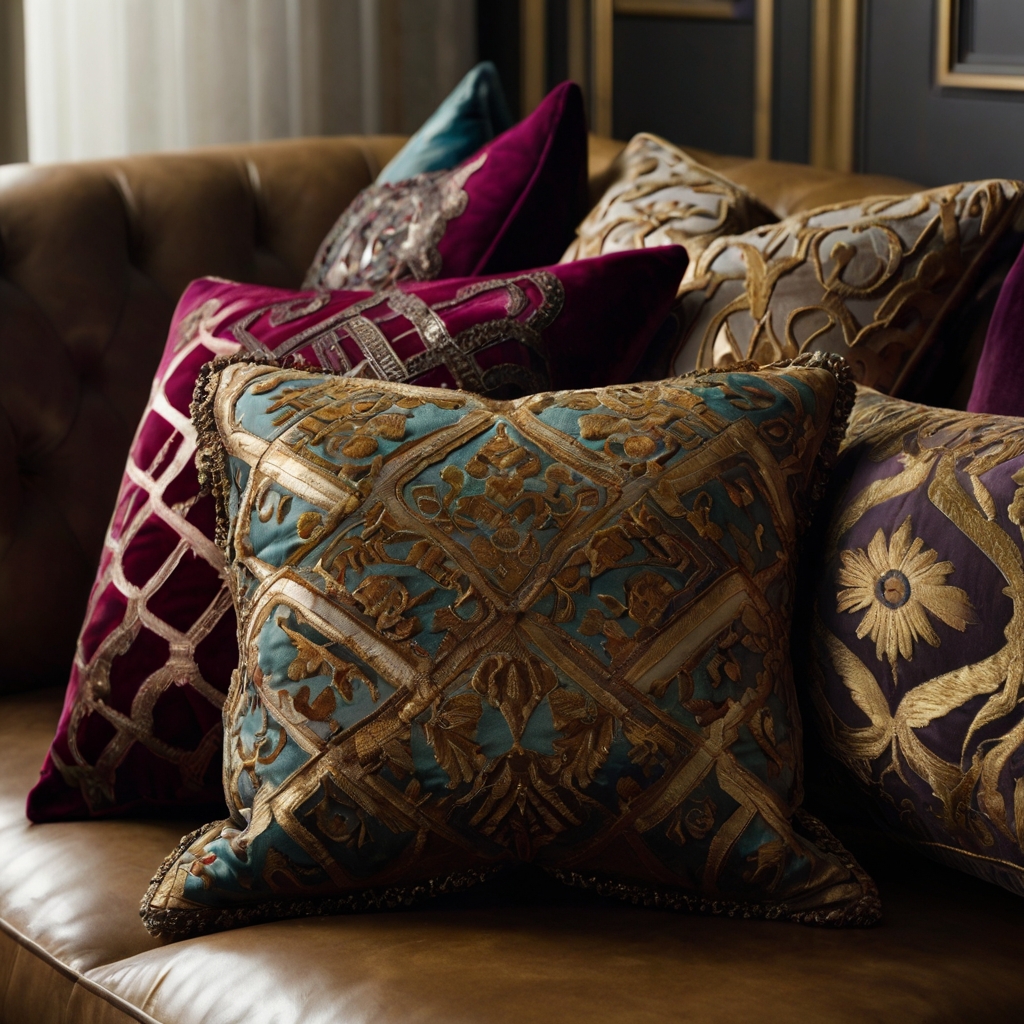 Silk and velvet throw pillows with bold patterns adorn a neutral sofa. The mix of textures and deep jewel tones enhances elegance.