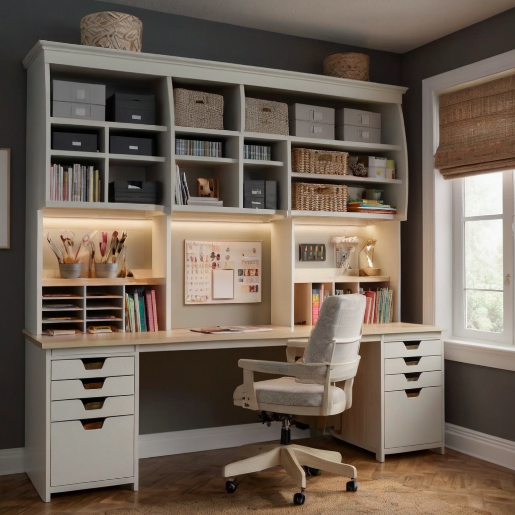 A desk hutch adds vertical storage for bins, books, and tools. Soft lighting highlights the organized space, making the workspace functional and stylish.