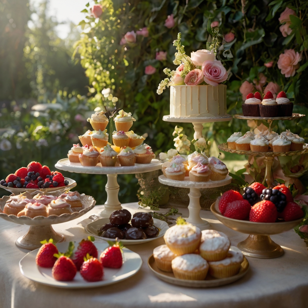 A dessert table inspired by a blooming garden with soft natural lighting. Morning sunlight casts a gentle glow on the floral treats.