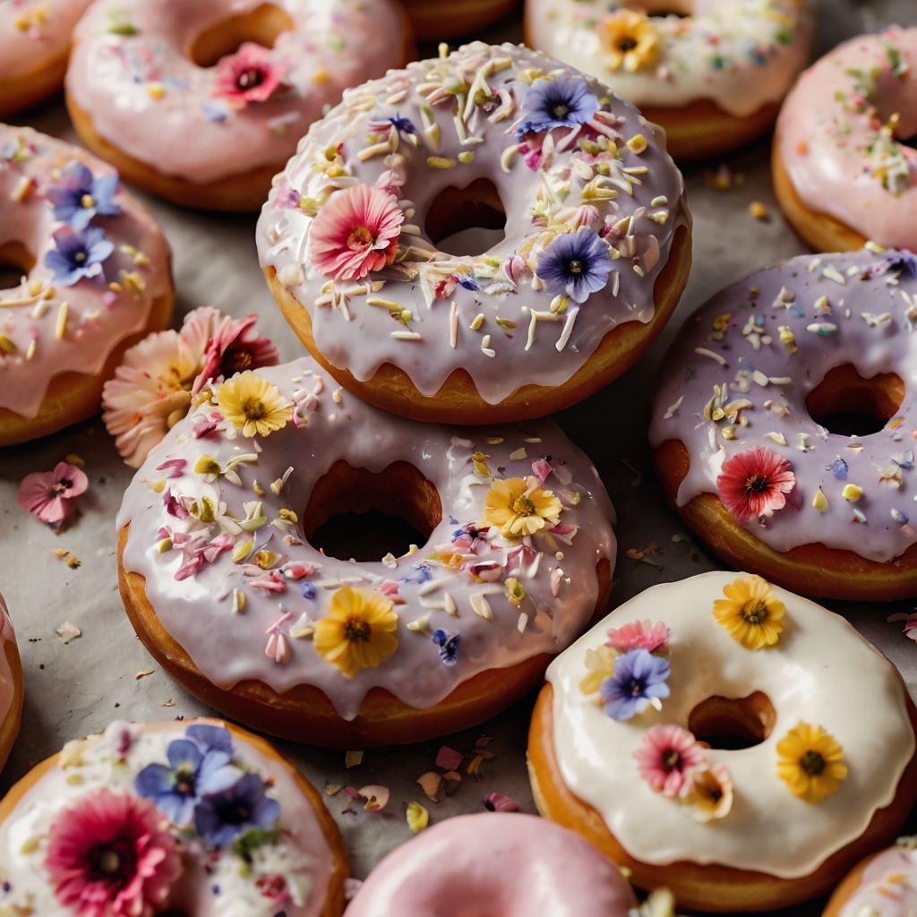 Freshly baked donuts decorated with floral icing and edible flowers. Natural light highlights the soft pastel colors and delicate frosting.