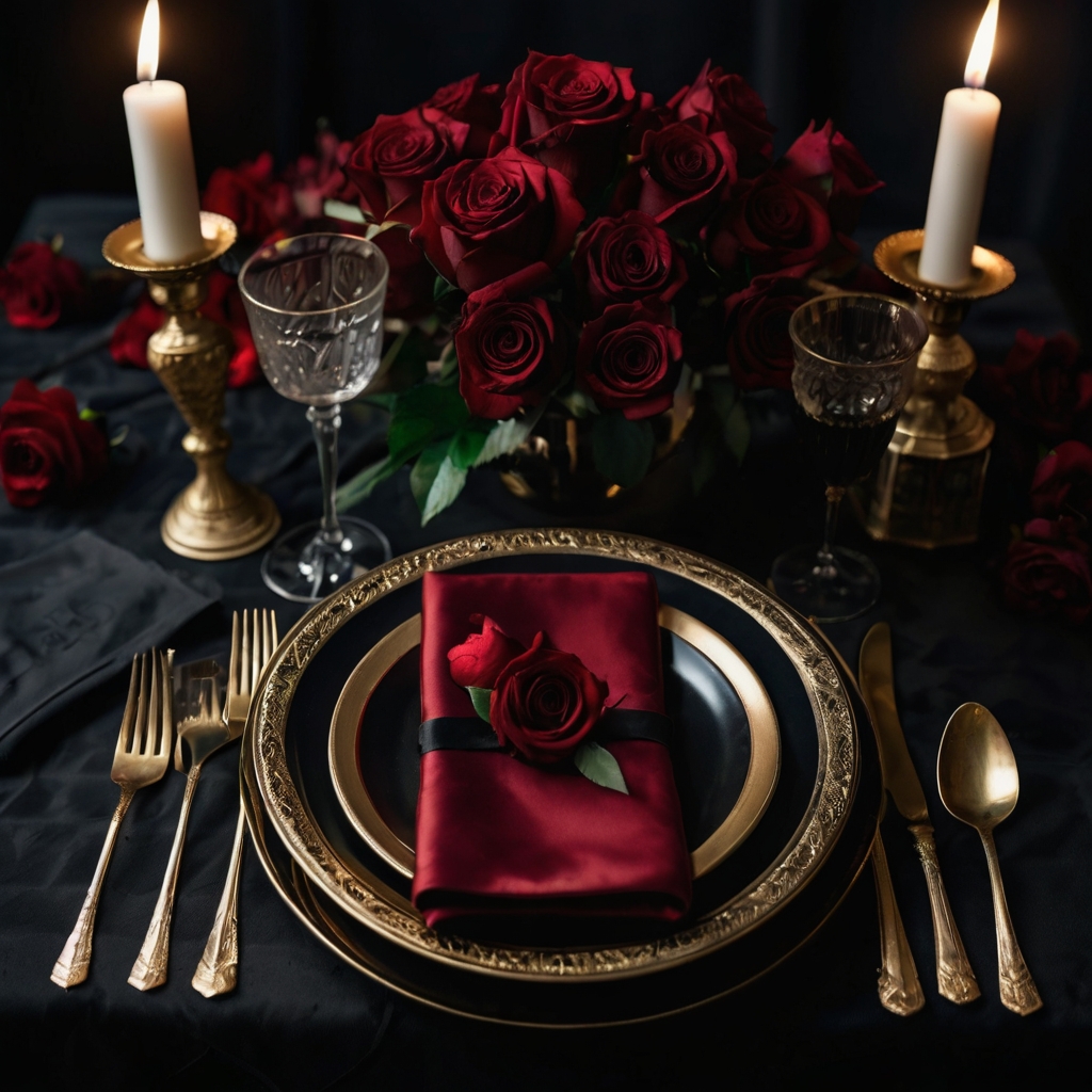 Crimson roses and black satin create a bold, passionate ambiance. Candlelit shadows and gold accents add a touch of mystery.