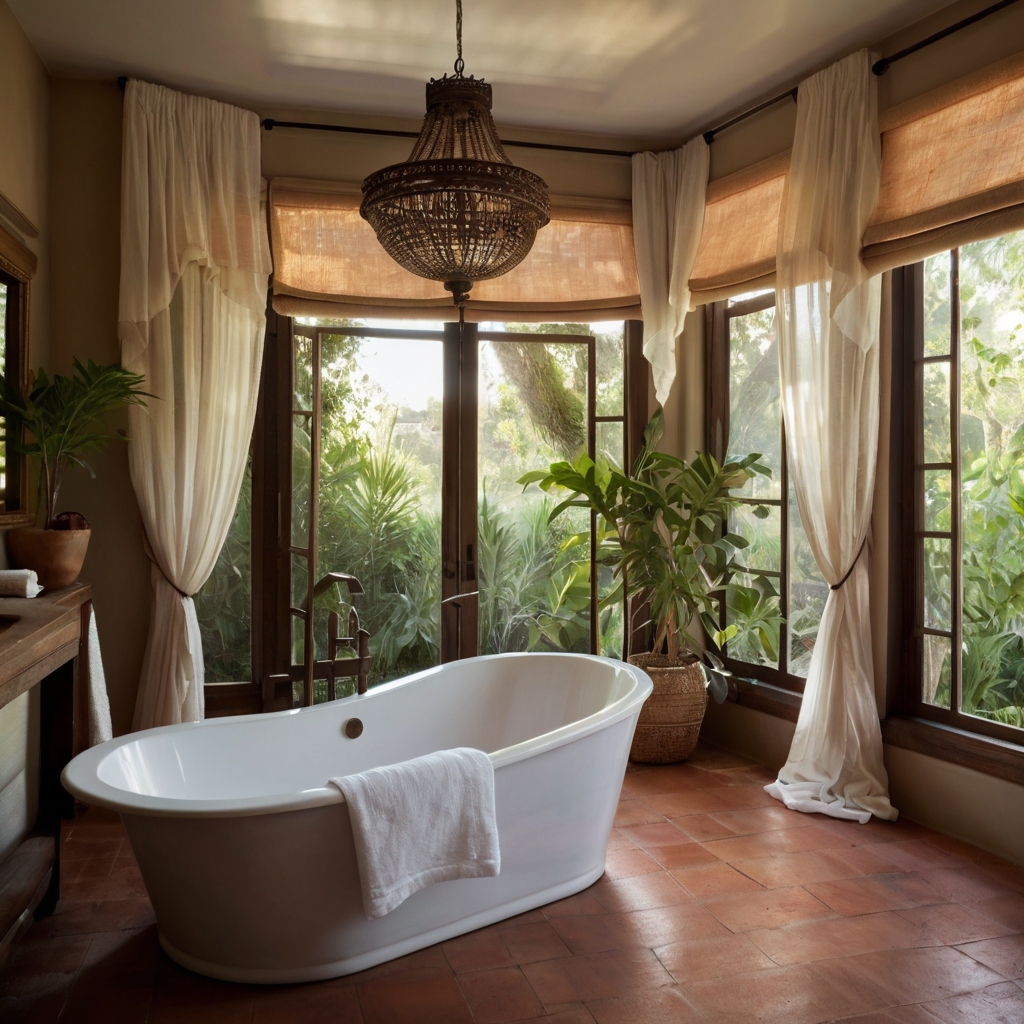 A freestanding tub surrounded by sheer white linen canopies exudes romance. Sunlight filters through the fabric, creating a dreamy, spa-like retreat.