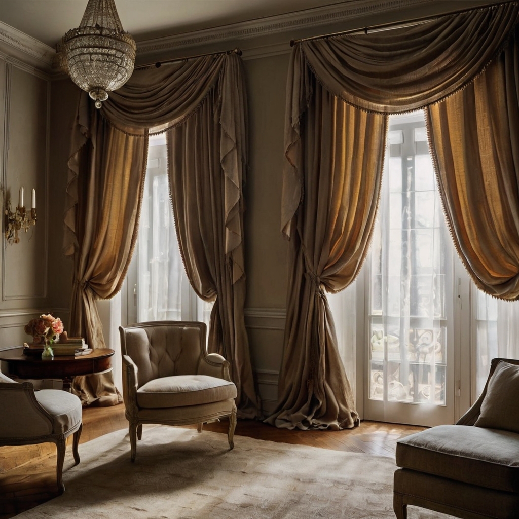 Design a vintage room with heavy linen or cotton drapes for a soft, airy feel. Natural light filters through, adding a gentle glow to the space.