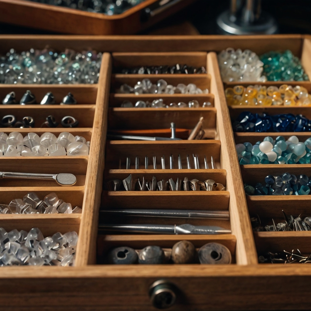 Acrylic or wooden dividers in drawers neatly separate small tools, with soft diffused lighting making the organization clear and accessible.