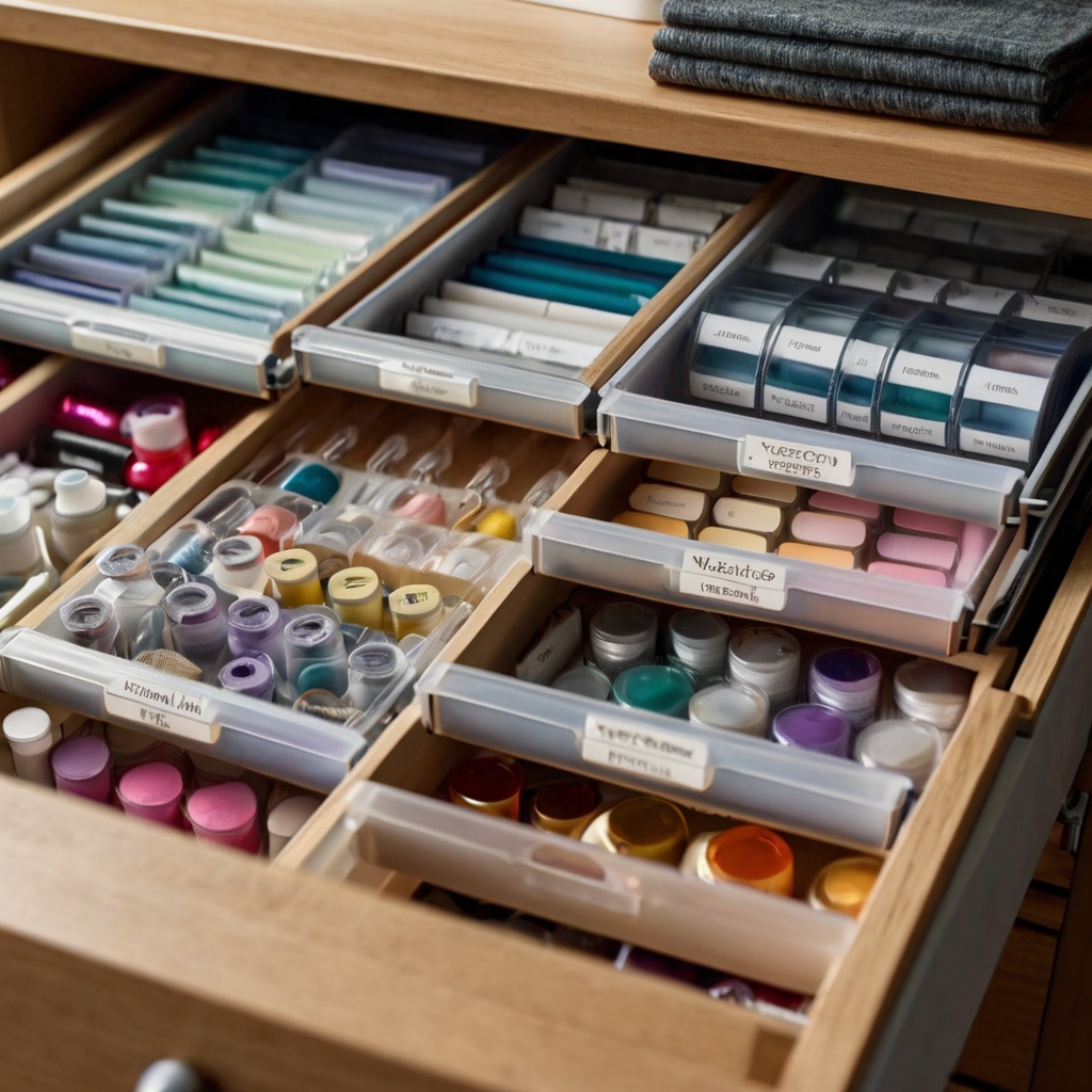 Labeled drawers provide quick access to craft supplies, with soft lighting emphasizing the neat and efficient organization.