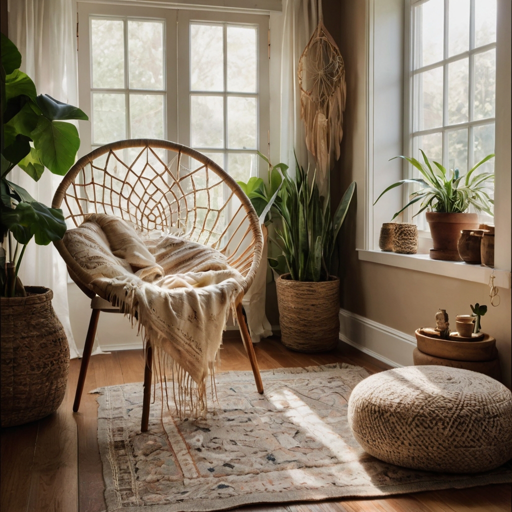 A boho living room with delicate dreamcatchers swaying near a sunlit window, enhancing the space with soft decorative charm.