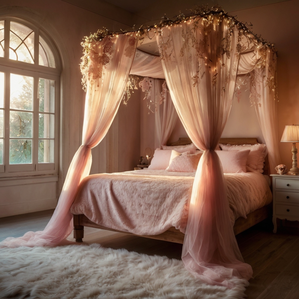 Sheer drapes and fairy lights cascade over a plush bed for a magical touch. A romantic, fairytale-like escape for a cozy Galentine’s retreat!