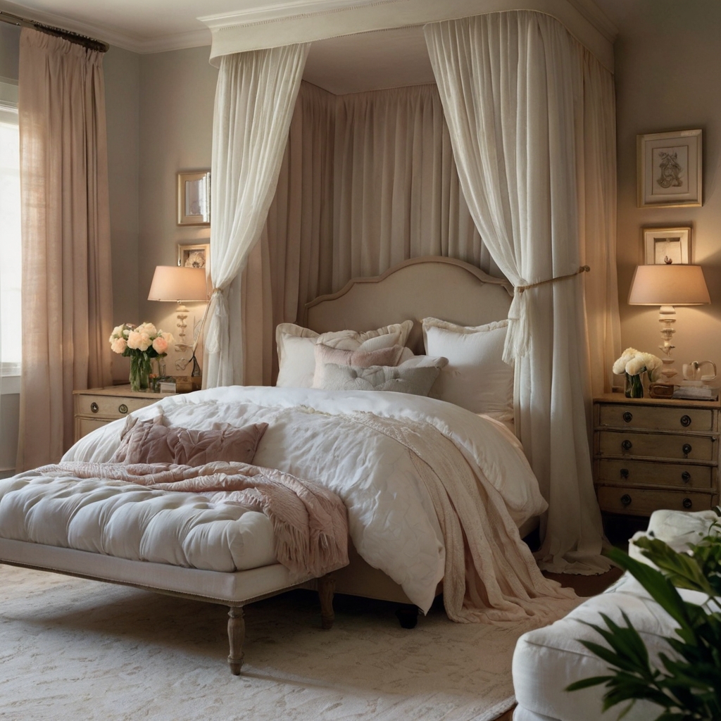 A serene bedroom with soft lighting, a canopy bed, and tufted bedding in muted pastels. Sheer curtains allow natural light to filter, creating a calming ambiance.