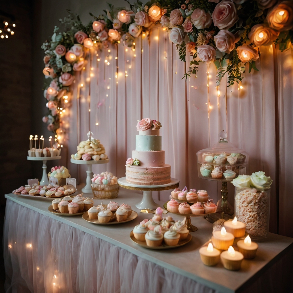 A whimsical dessert table with floral-themed treats and glowing fairy lights. Diffused lighting adds a magical, romantic ambiance.