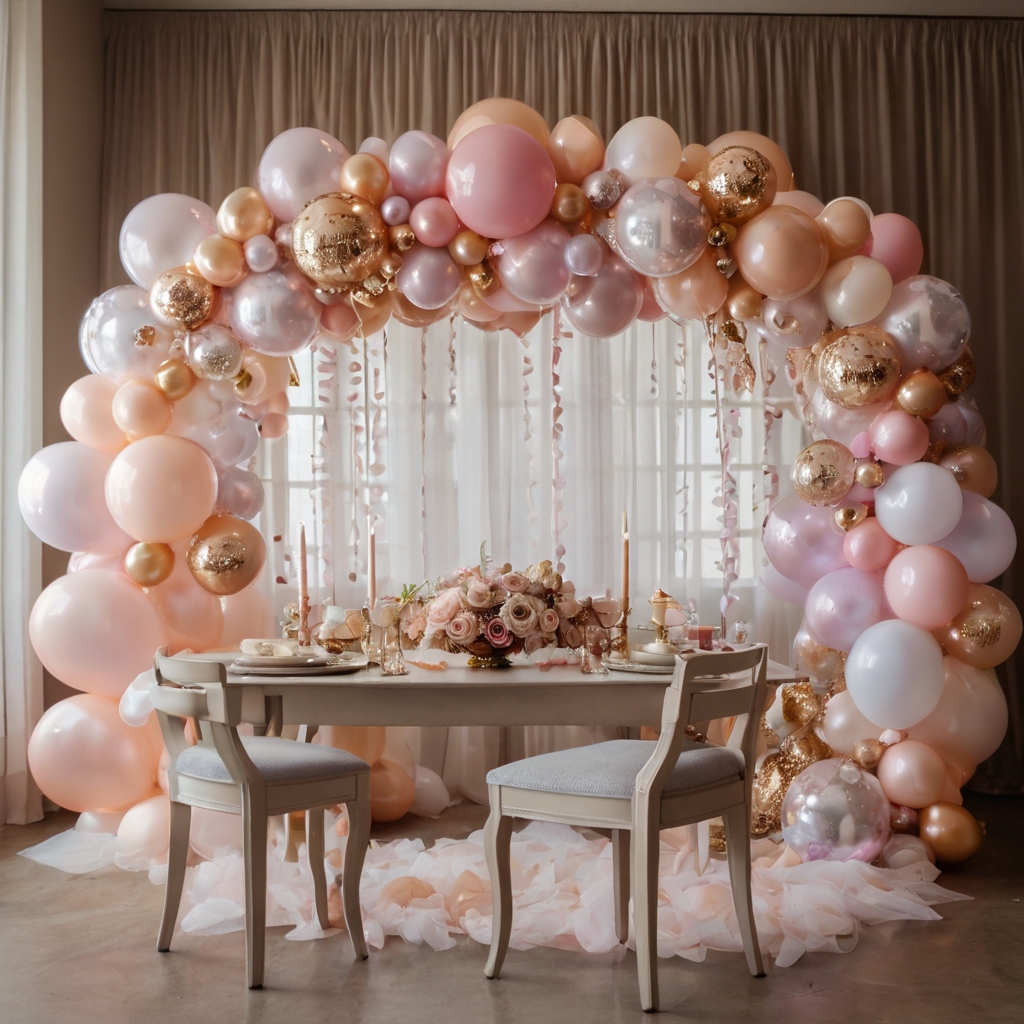 Soft pastel balloons float above an elegant Valentine’s setup. Sheer ribbons and golden accents complete the ethereal aesthetic.