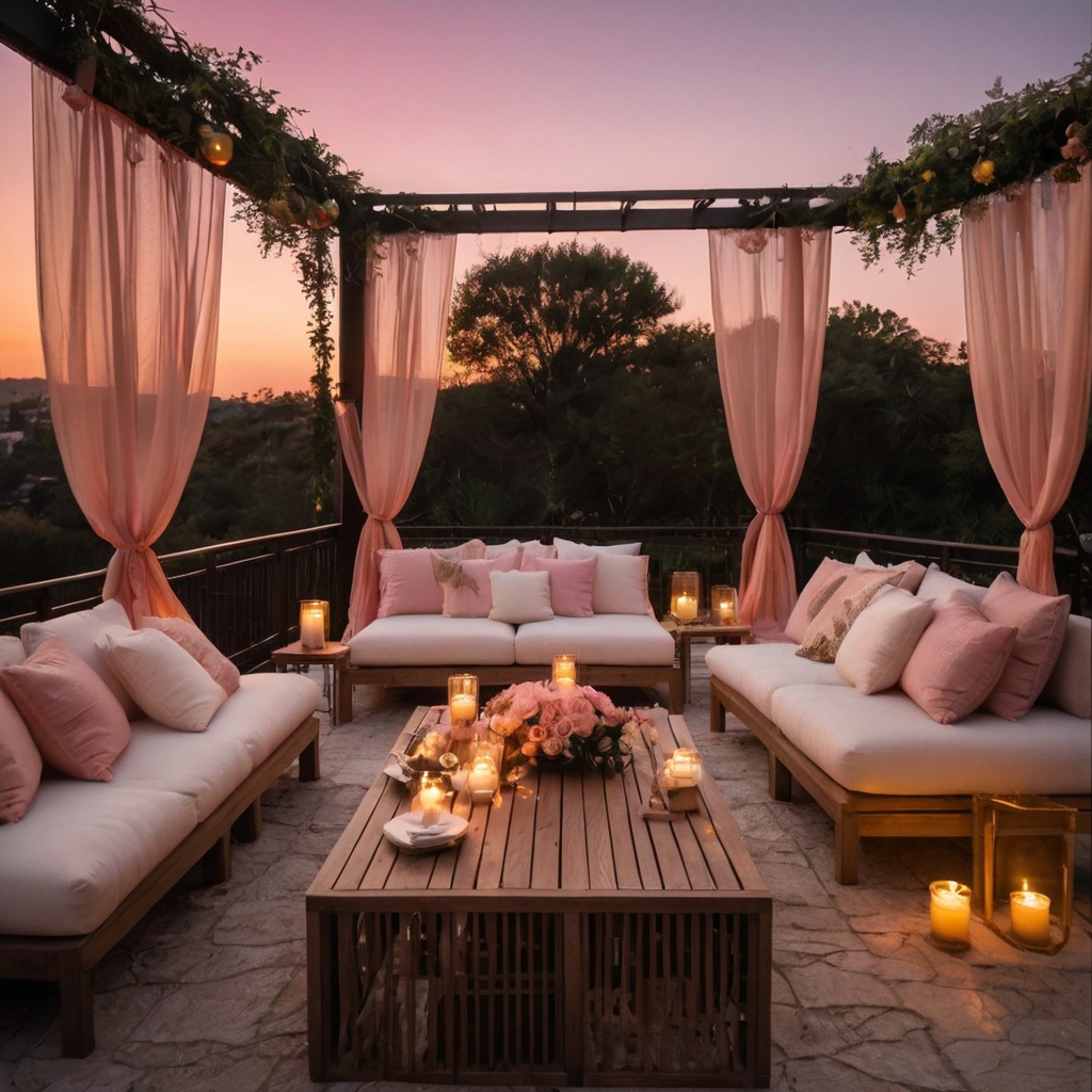 A rooftop terrace overlooking a soft pink and gold sunset. Billowing white curtains and candlelit tables create a breathtaking scene.