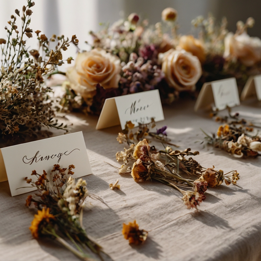 Handmade place cards adorned with tiny pressed flowers and elegant calligraphy.