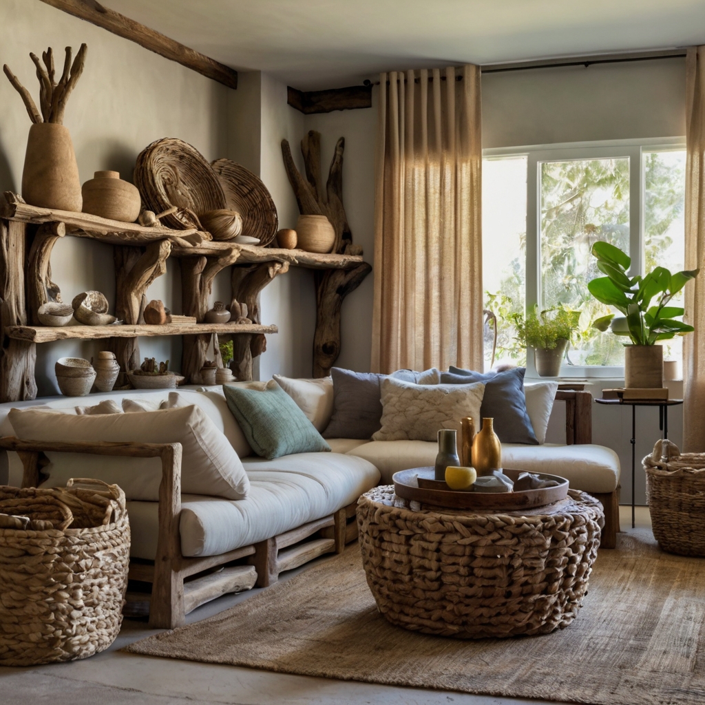 A serene bohemian living room with natural driftwood sculptures and shelves, highlighted by warm daylight.