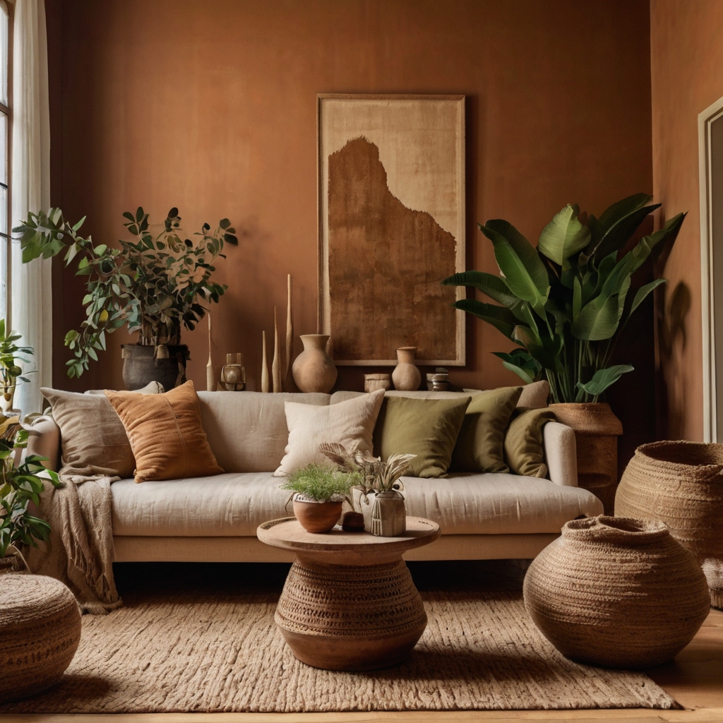 A boho living room in terracotta, olive, and beige hues, with jute rugs, a linen sofa, and nature-inspired wall art.