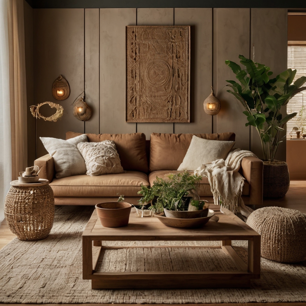 Infuse earthy tones and natural materials into your living room, with soft lighting creating a grounded, calming atmosphere.