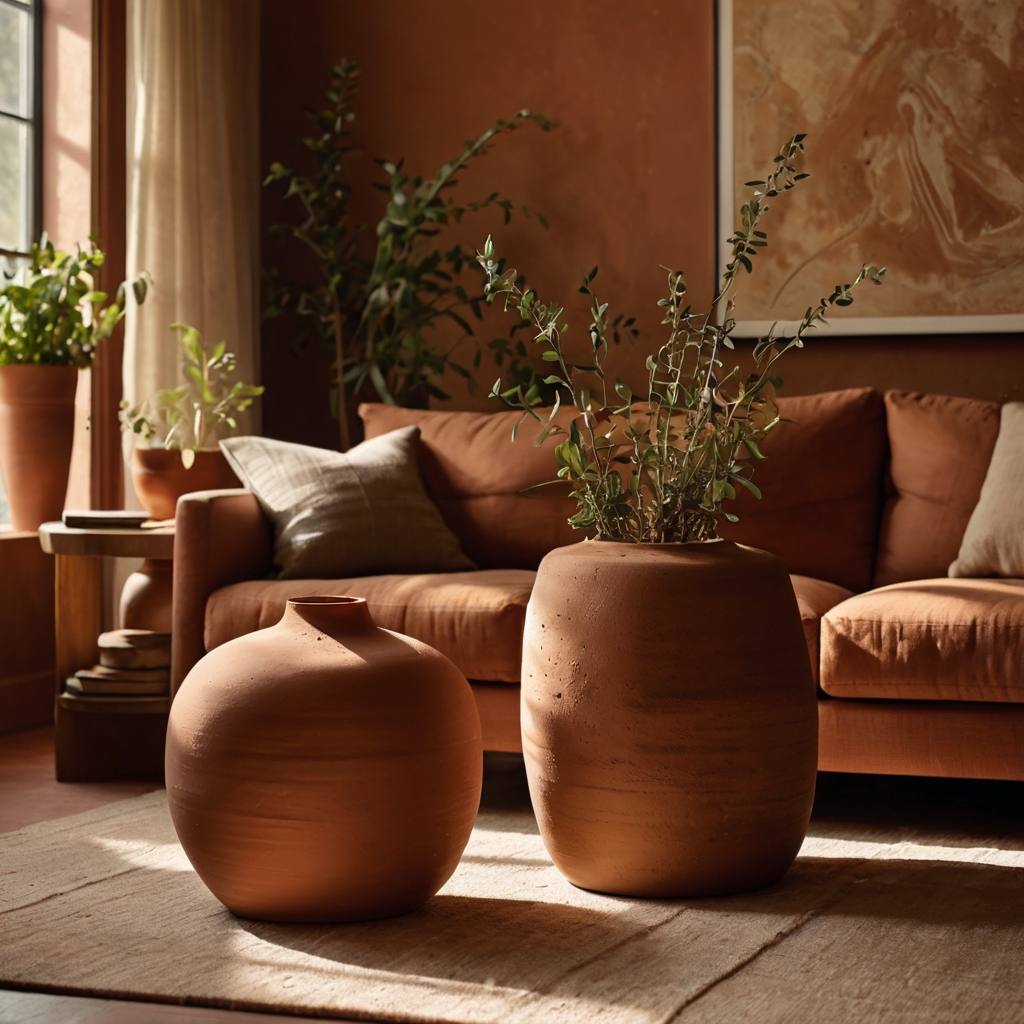 Terracotta vases and a clay planter sit beside a brown couch. Warm sunlight emphasizes their raw, earthy tones.