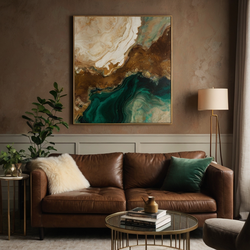 Large framed abstract art in earthy tones hangs above a brown couch. Side lighting enhances depth and texture.