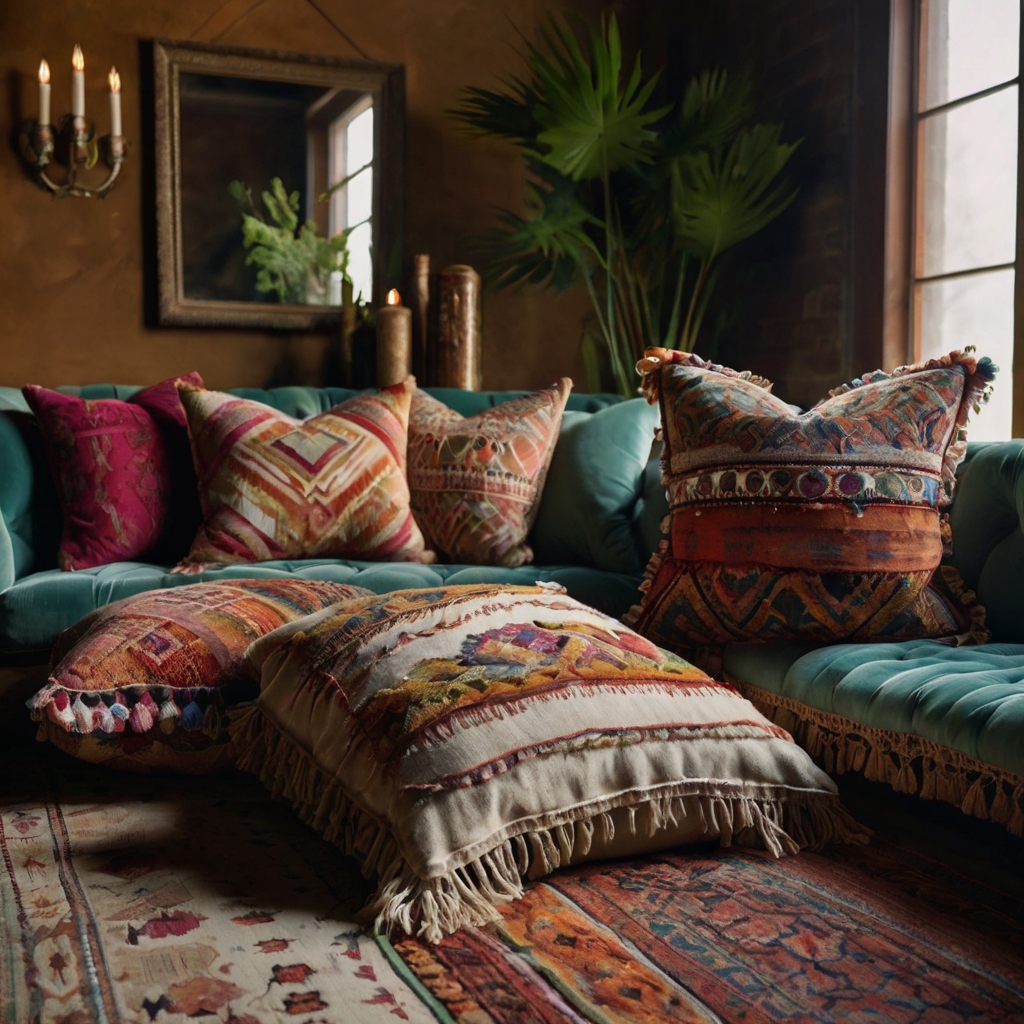 A bohemian-style sofa covered in mixed throw pillows with fringes, embroidery, and velvet textures in warm tones.