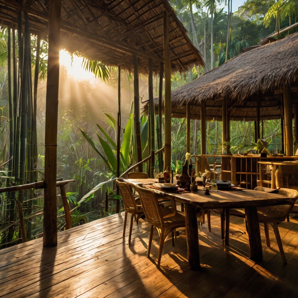 A tranquil bamboo lodge in a lush tropical rainforest, bathed in golden morning light. Mist rises, and birds sing among the dense canopy.