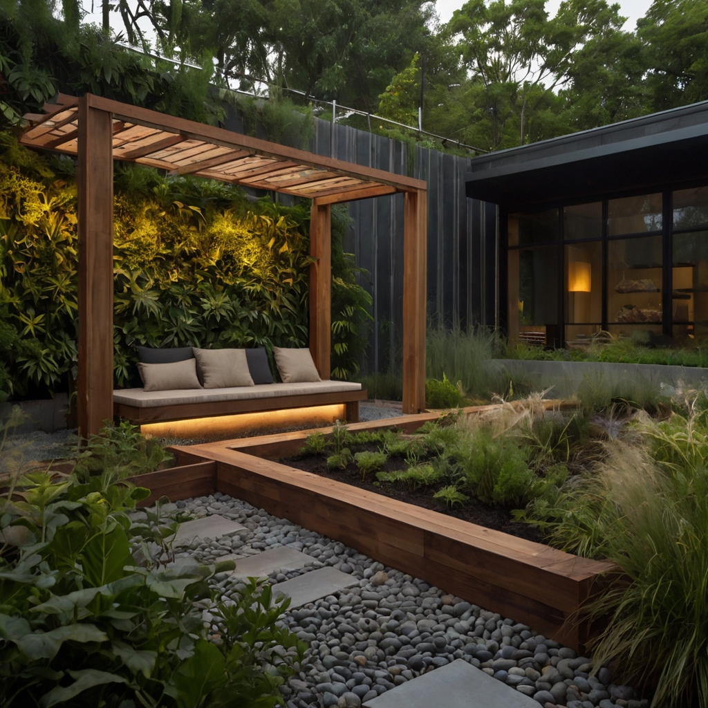 A sustainable courtyard featuring vertical gardens, reclaimed wood furniture, and solar-powered lights. A perfect blend of nature and innovation.