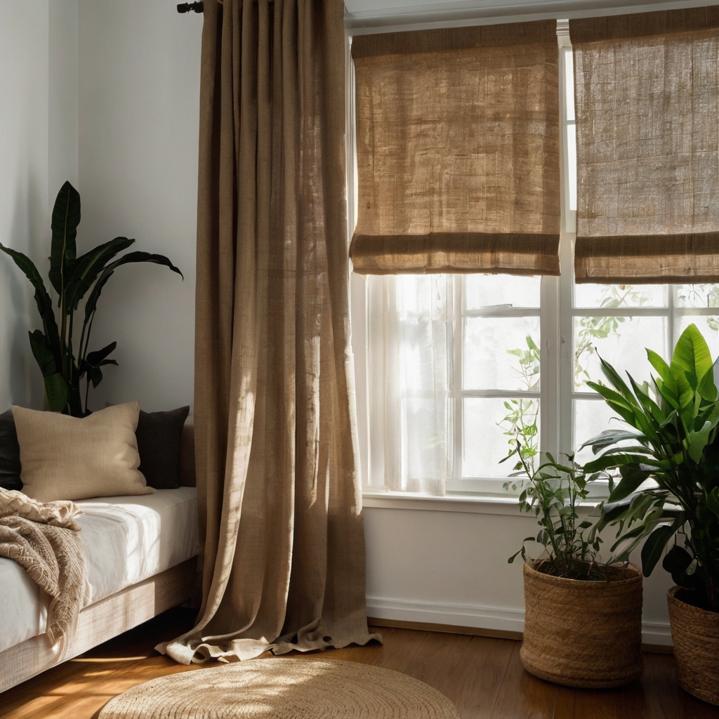 Organic bamboo and hemp fabric curtains. Bright daylight enhances the earthy texture in a minimalist, eco-friendly room.