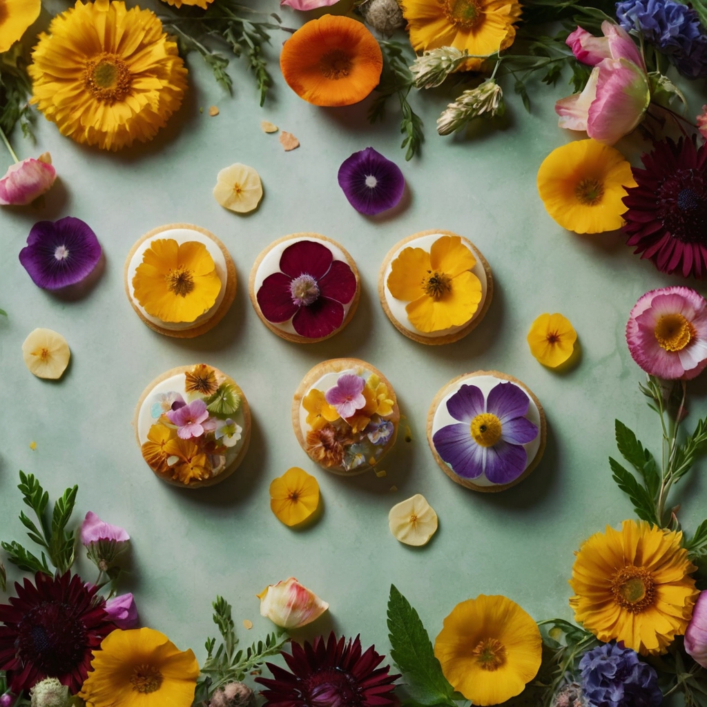 Sweets adorned with real pressed flowers in vibrant colors. A dreamy floral-inspired dessert setting with a soft-focus greenery backdrop.