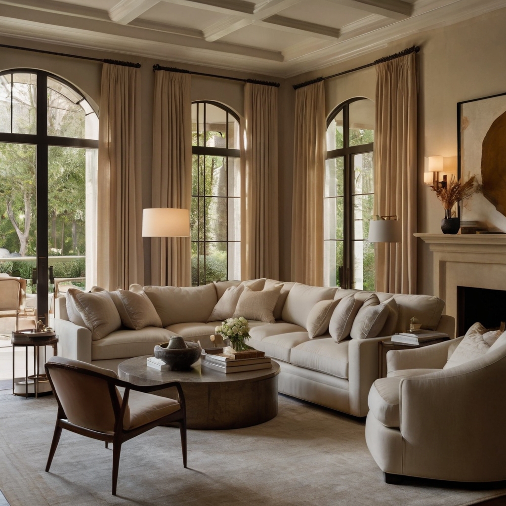 A Nancy Meyers-inspired living space with plush seating, warm lighting, and timeless decor. Every detail balances comfort with sophisticated beauty.