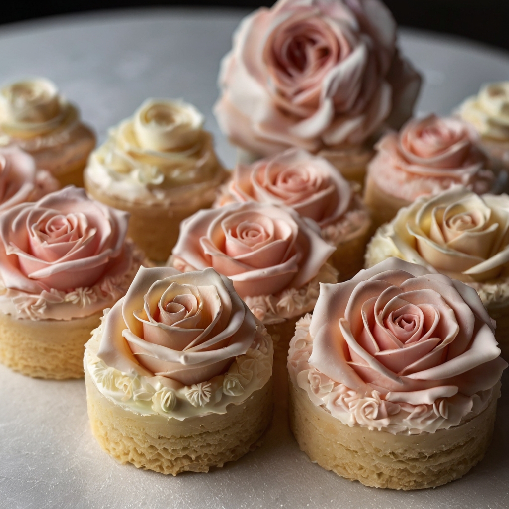 Floral-themed desserts with intricate buttercream roses and sugar flowers. Warm lighting and a blurred background add a luxurious feel.