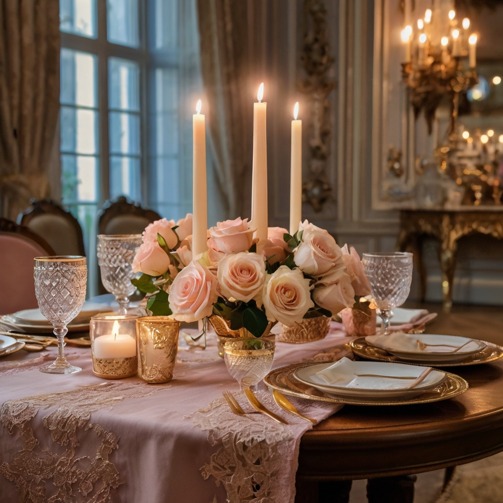 A beautifully set table with candlelight, floral arrangements, and fine china. Sophisticated decor sets the mood for a dreamy Galentine’s dinner!