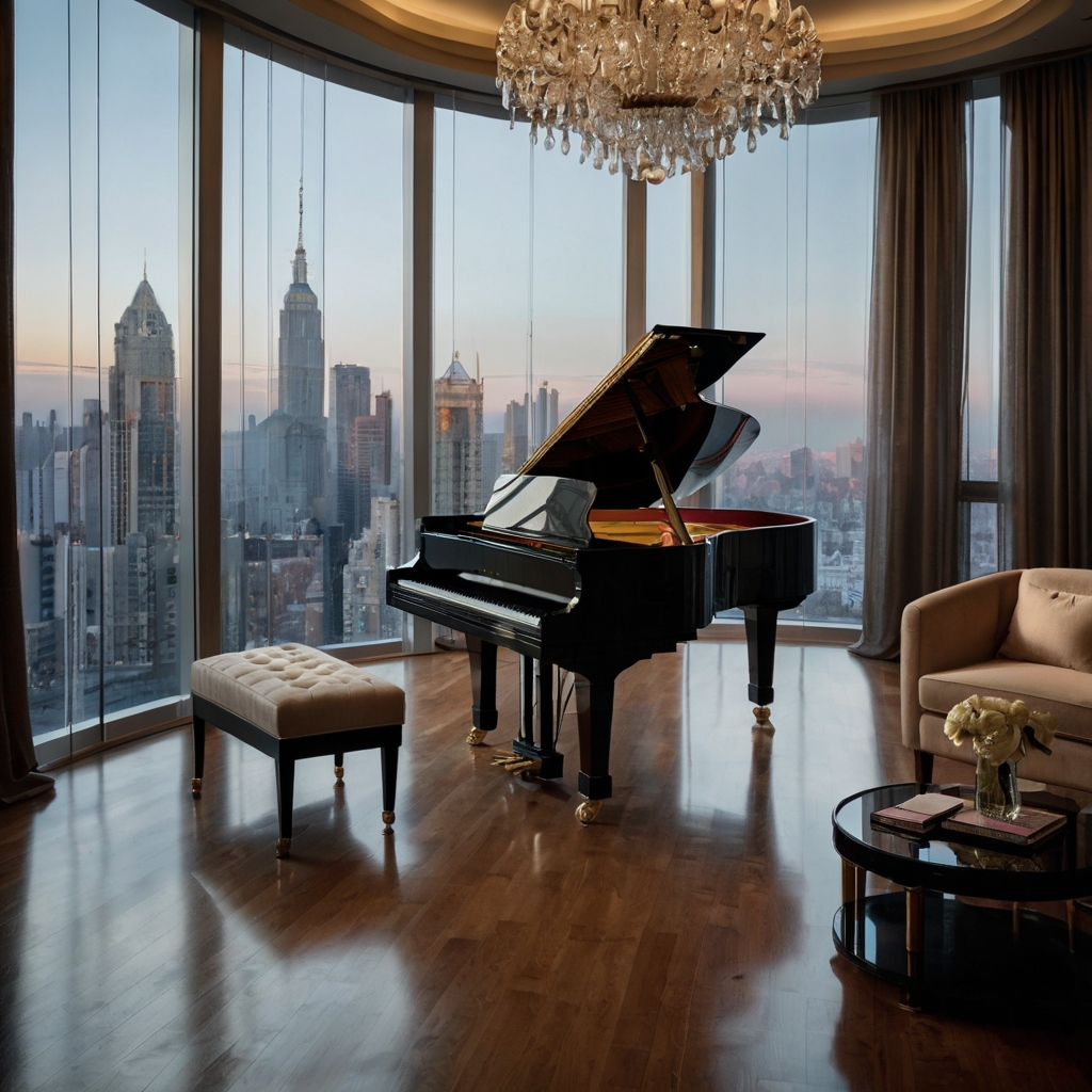 A glossy black grand piano sits in a refined living space. Floor-to-ceiling windows frame a breathtaking cityscape view.