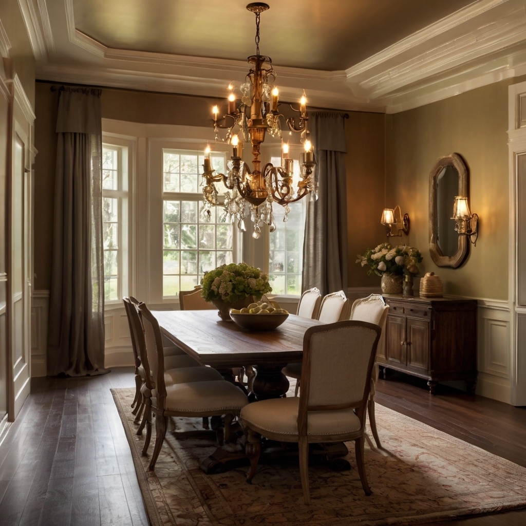 A dining room with a vintage chandelier, sconces, and layered lighting casting soft shadows. Warm Edison bulbs add a classic, cozy charm.