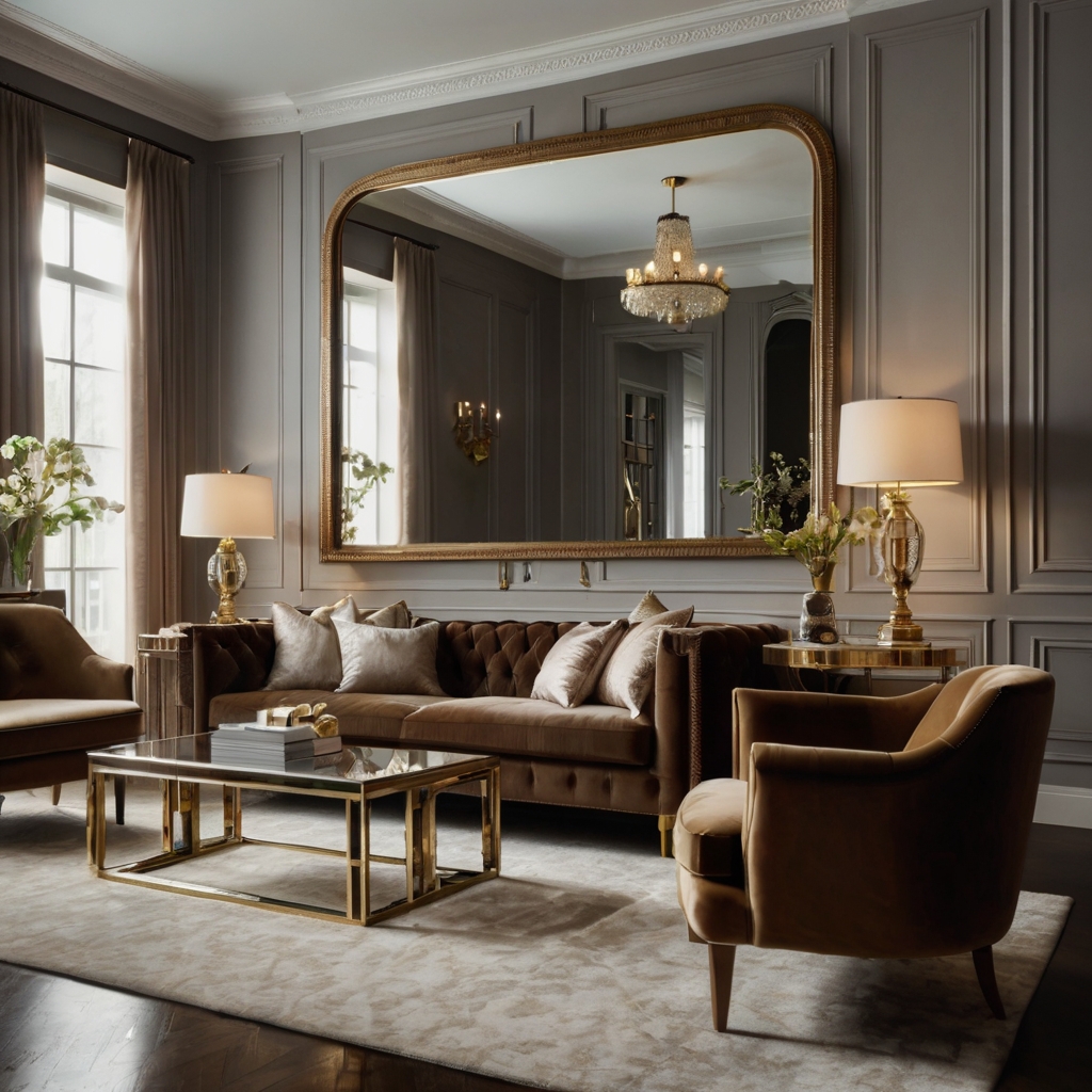 A gold-framed mirror above a brown couch reflects natural light. A glass coffee table adds a touch of sophistication.