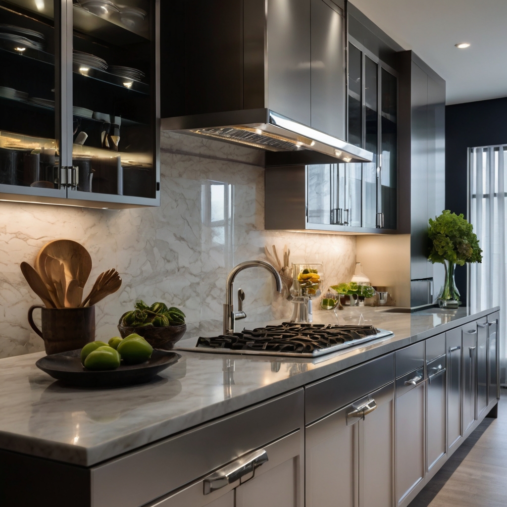 A sophisticated kitchen with polished silver trays and chrome-finished accents. Reflective surfaces add a luxurious yet subtle shimmer.