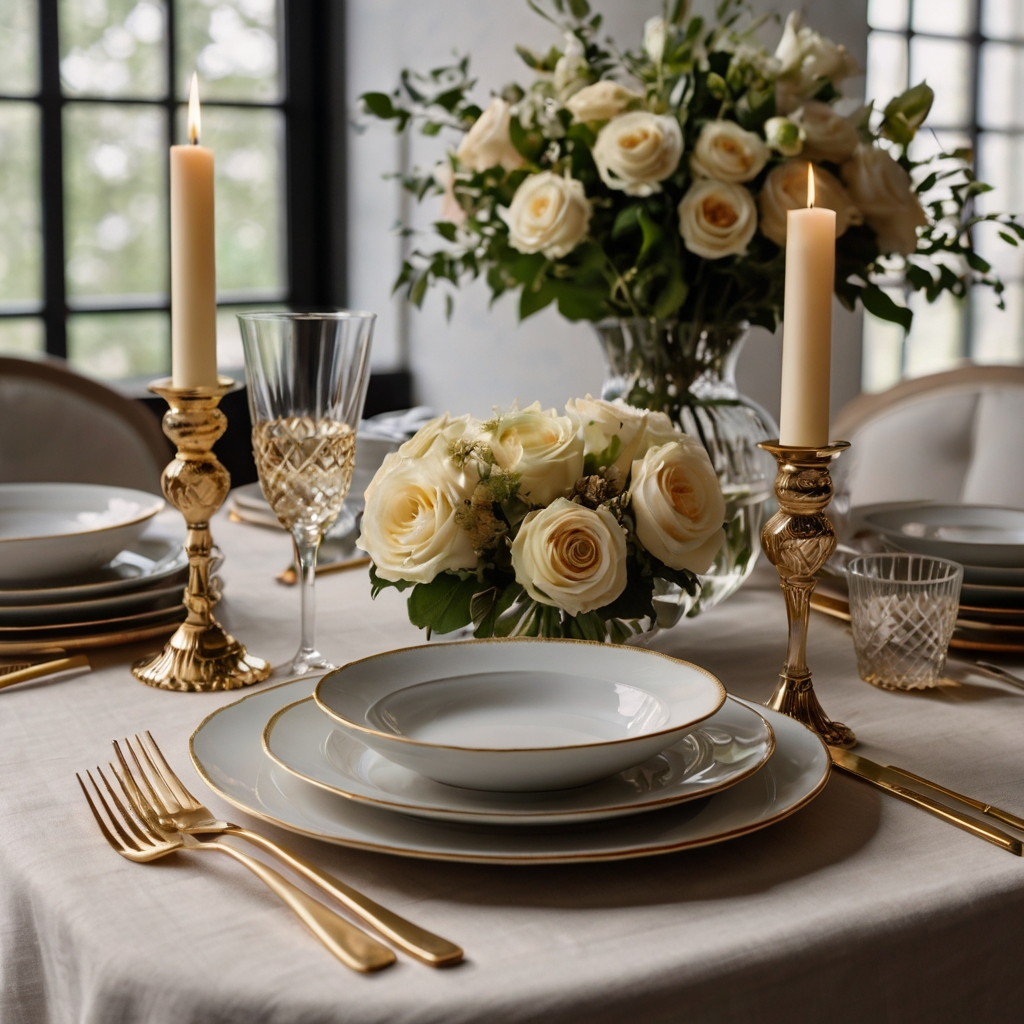 A finely set dining table with porcelain plates, hand-blown glassware, and gold-rimmed accents. Floral centerpieces and soft linen napkins enhance the refined ambiance.