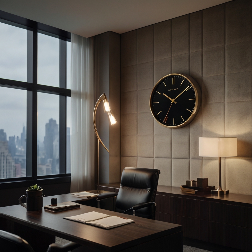 A stylish wall clock enhancing the workspace decor. Classic or modern designs keep time in an elegant way.