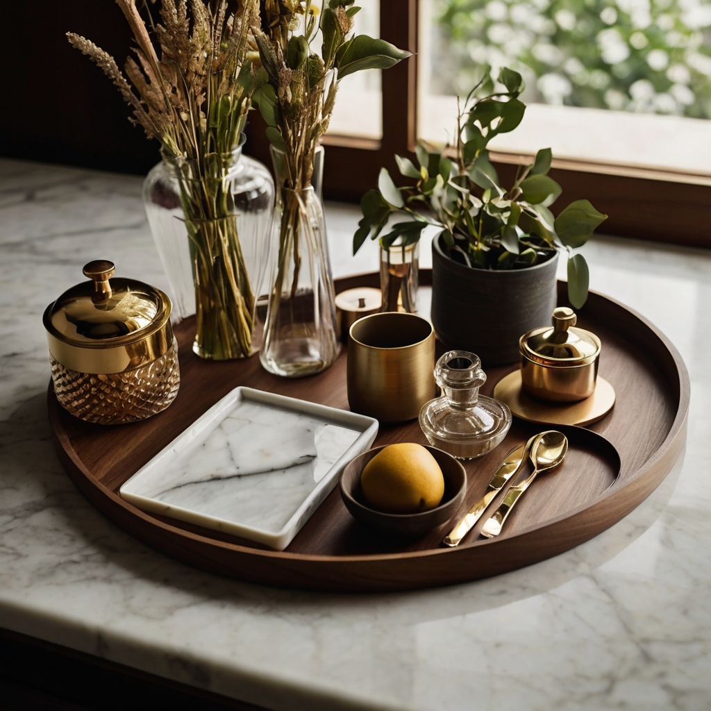 A polished kitchen counter featuring a wooden tray with neatly arranged essentials. Gold-rimmed accents and soft lighting enhance the refined aesthetic.