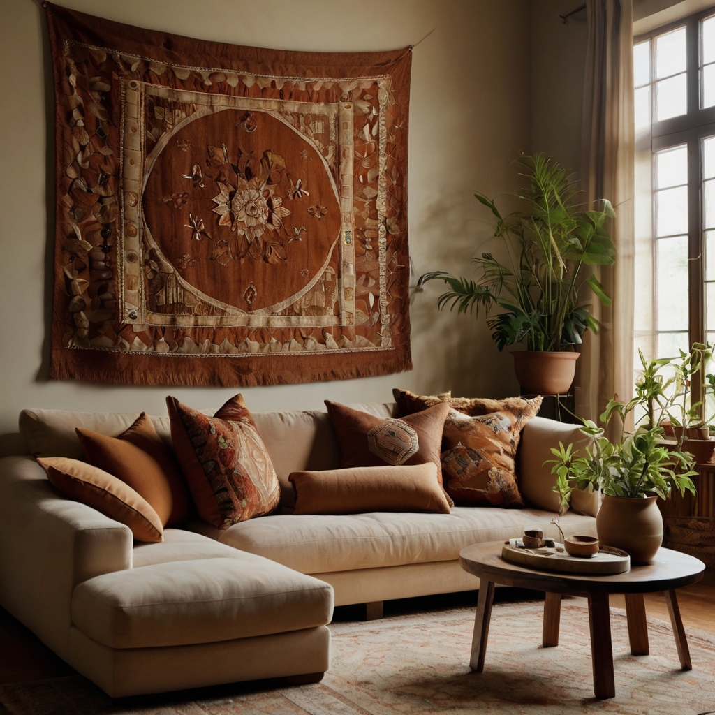 A cozy living room featuring a hand-stitched tapestry with warm earth tones, softly illuminated by ambient lighting.