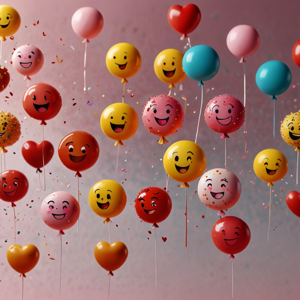 A lively explosion of 3D Valentine’s emojis with heart-eyed, winking, and blushing faces, floating among glowing speech bubbles with sweet messages.
