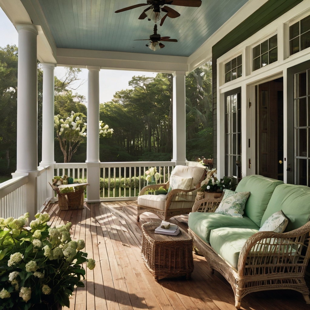 Large wooden-framed screened doors open onto a sunlit, breezy porch. Beyond, a green lawn stretches towards a picket fence lined with blooming flowers.