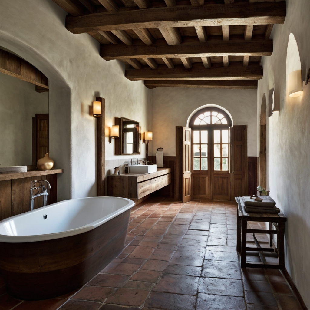 Massive aged wooden beams stretch across a high-ceiling Spanish bathroom. Deep brown tones contrast against white stucco walls for a rustic yet elegant look.